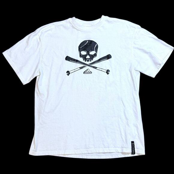 Adidas 3 Baseball T-Shirt Mens White Jolly Roger Skull Crossbones Bats Size L - Picture 1 of 8